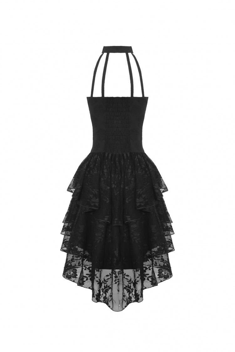 Black Off Shoulder Halterneck Sleeveless Irregular High Low Multi-Layered Lace Women's Gothic Dress - Product - 13