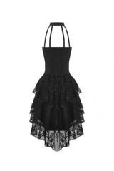 Black Off Shoulder Halterneck Sleeveless Irregular High Low Multi-Layered Lace Women's Gothic Dress - Product - 13