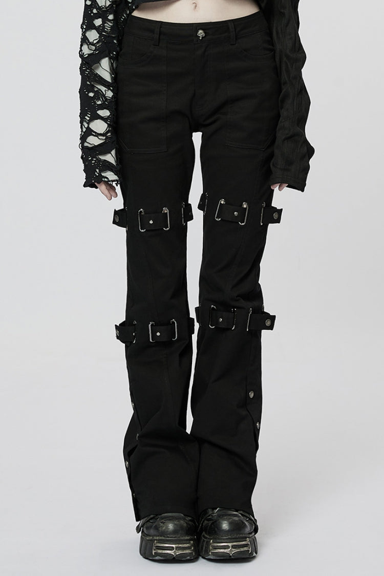 Black Metal Buckles Straps Women's Steampunk Flared Pants - Black - 1