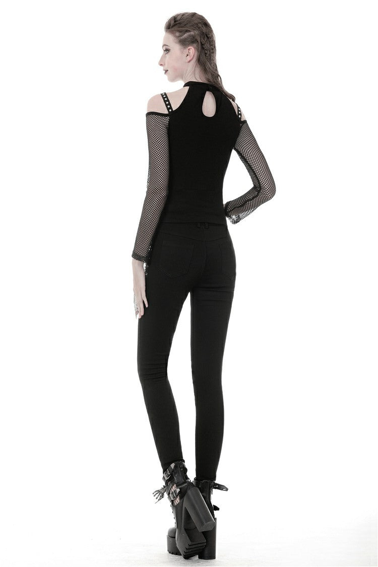 Black Off Shoulder Long Sleeves Lace-Up Mesh Women's Punk Top - Product - 10
