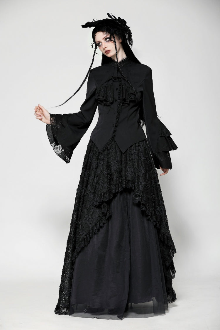 Black Lace Stand Collar Multi-Layered Ruffled Long Flared Sleeves Women's Gothic Blouse - Product - 7