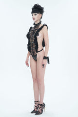 Black Stretch Patent Leather Cutout Lace Ruffle Button Women's Gothic Bodysuit - Product - 4