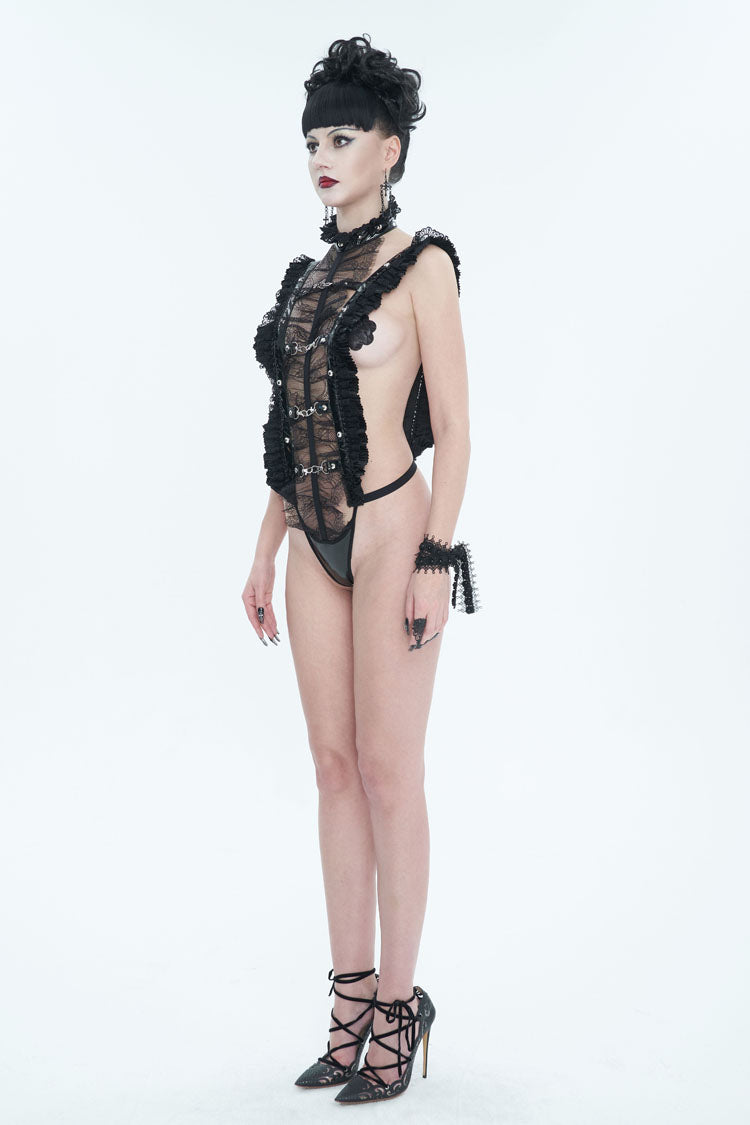 Black Stretch Patent Leather Cutout Lace Ruffle Button Women's Gothic Bodysuit - Product - 4
