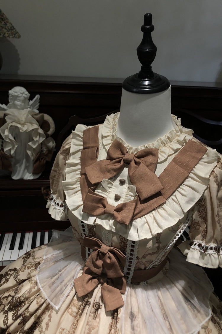 Brown [Teddy Bear Party] Round Collar Short Sleeves Printed Ruffled Bow Daily Sweet Lolita Dress - Product - 6