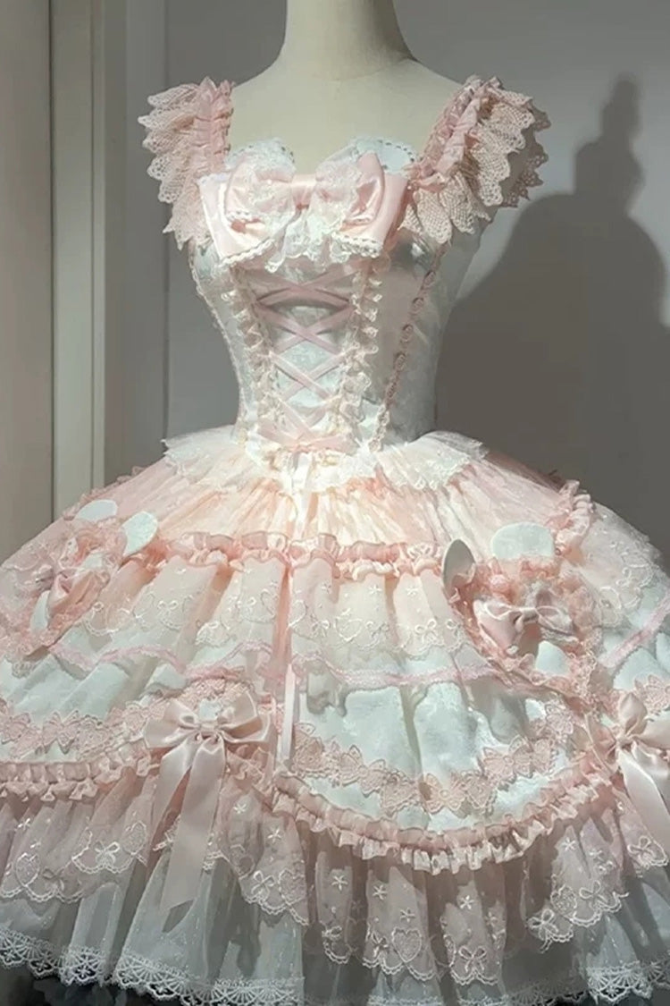 Pink [Heart Bear] Square Collar Flutter Sleeves Jacquard Ruffled Bow Lace Sweet Lolita Jsk Dress - Product - 2