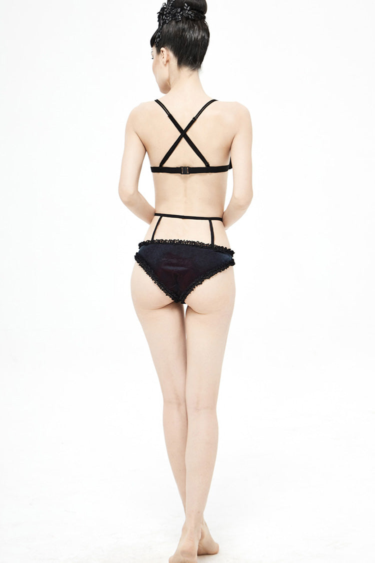Black/Red Chest Lace-Up Velvet Women's Gothic Swimsuit Suit - Product - 6