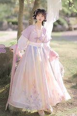 Multi-Color Round Collar Long Trumpet Sleeves High Waisted Print Sweet Hanfu Full Set - Product - 3