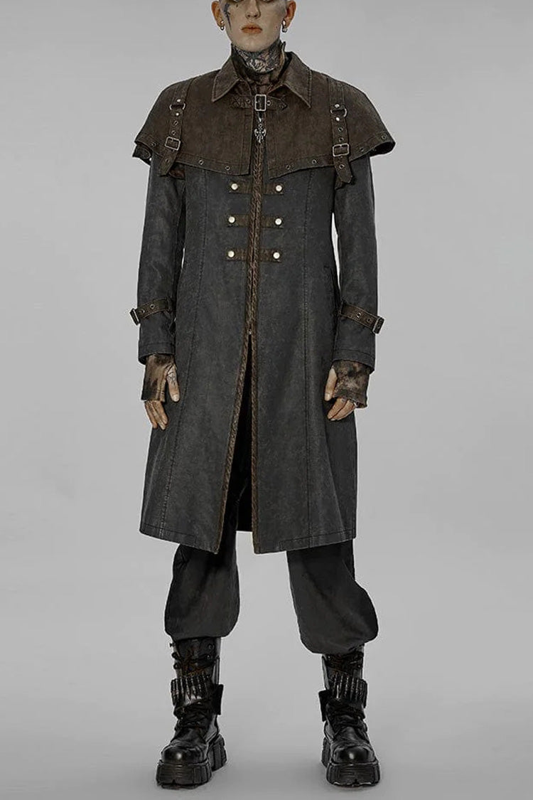 Grey Stand Collar Fake Two Piece Cloak Stitching Metal Buckle Mens Steampunk Coat - Grey - 1