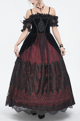 Red Off Shoulder High Waisted Print Lace Women's Gothic Dress - Red - 1