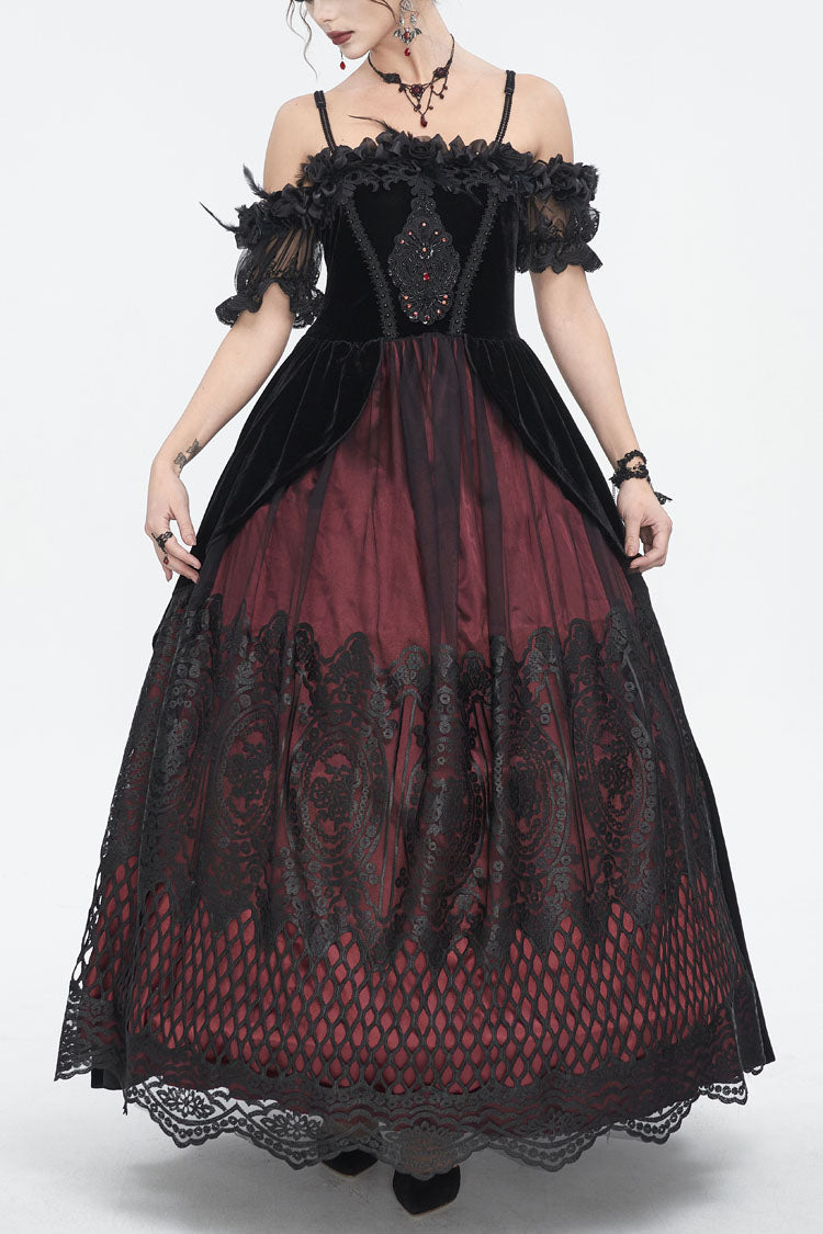 Red Off Shoulder High Waisted Print Lace Women's Gothic Dress - Red - 1