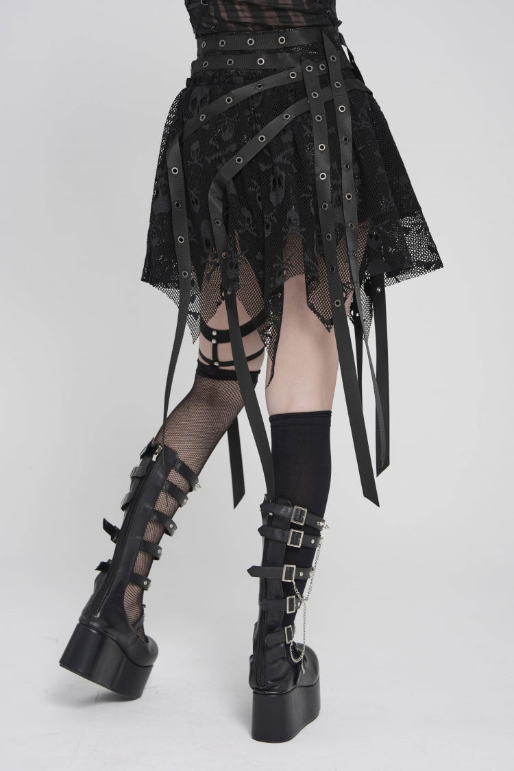 Black Double-Layered Lace Lace-Up Irregular Mesh Eyelet Women's Punk Skirt - Product - 6
