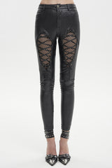 Black Stretch Diamond Wavy String Adjustable Slim Fit Women's Punk Trousers - Black - 1