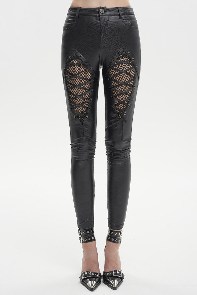 Black Stretch Diamond Wavy String Adjustable Slim Fit Women's Punk Trousers - Black - 1
