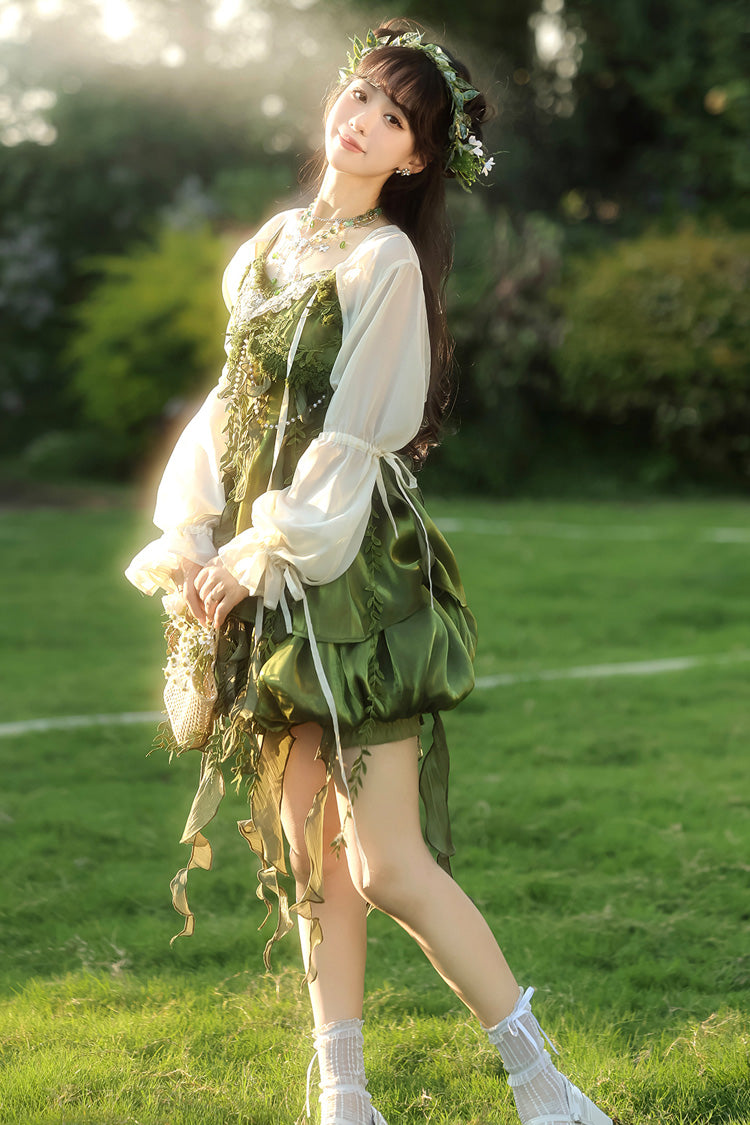 Green [Children of the Forest] Leaf Decoration Ruffle Irregular Sweet Lolita Jsk Dress Set - Product - 8