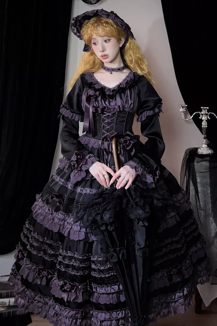 Black/Purple [Layered Blackcurrant] Short Sleeves Ruffle Bowknot Lace Sweet Lolita Dress - Product - 3