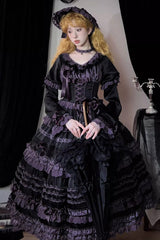 Black/Purple [Layered Blackcurrant] Short Sleeves Ruffle Bowknot Lace Sweet Lolita Dress - Product - 3