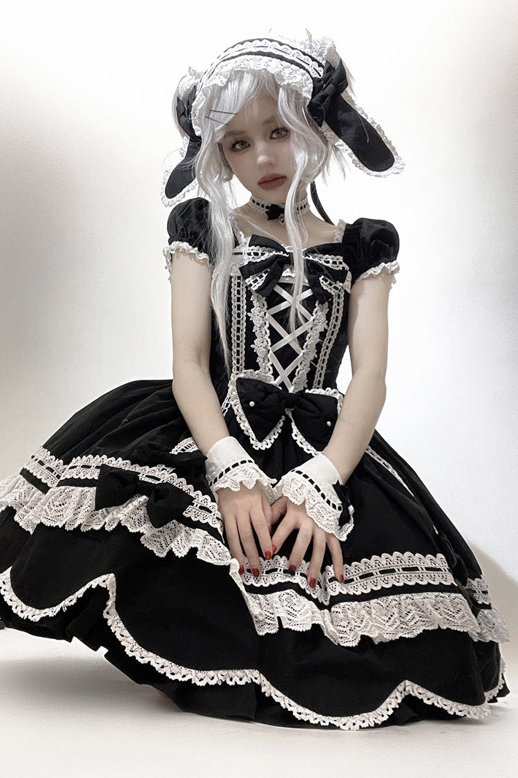 Black [Petal Bunny] Cotton Square Collar Short Sleeves Double-Layered Ruffled Bow Lace Lace-Up Sweet Lolita Dress - Product - 6