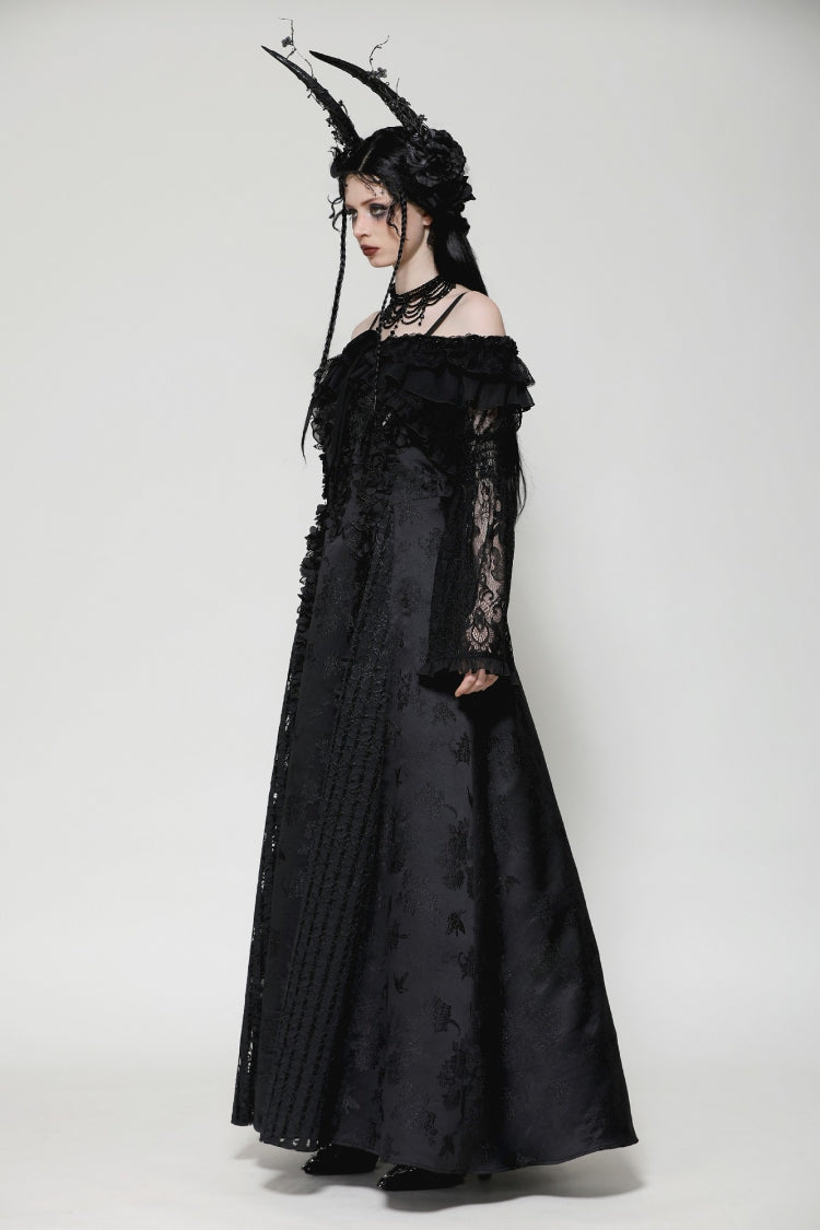 Black Ruffled Off Shoulder Long Bishop Sleeves Lace Women's Gothic Cape - Product - 10