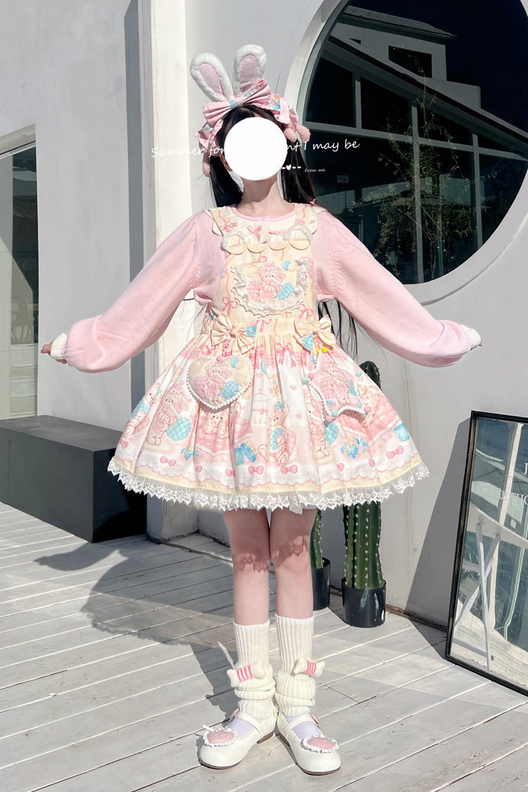 Kawaii Bears Print Yellow Bowknot Stitching Lace Sweet Lolita Strap Dress - Product - 3