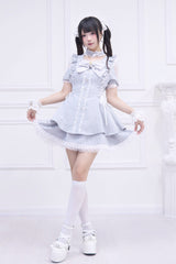 Light Blue [Waltz] Short Sleeves Ruffle Bowknot Gothic Jirai Kei Japanese Dress Set - Product - 4