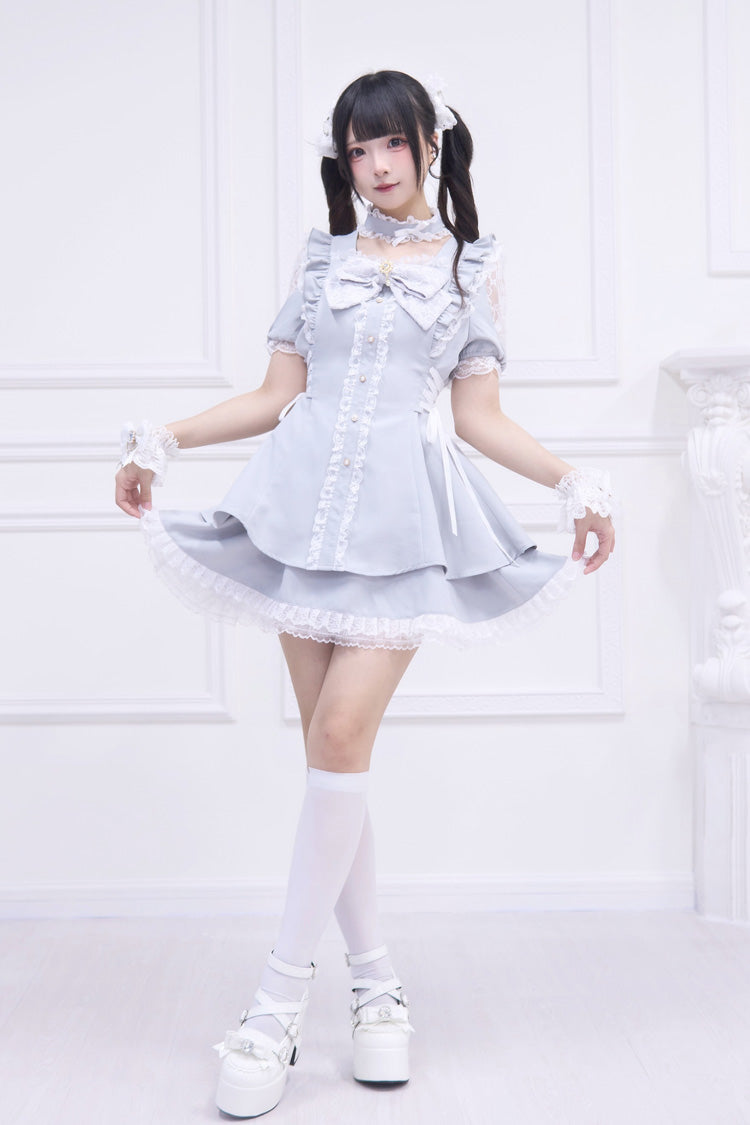 Light Blue [Waltz] Short Sleeves Ruffle Bowknot Gothic Jirai Kei Japanese Dress Set - Product - 4