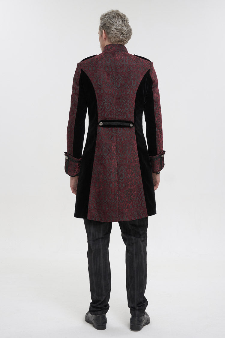 Red Silk Stand Collar Printed Metal Breasted Cross Zipper Back Slit Vintage Men's Gothic Jacket - Product - 6