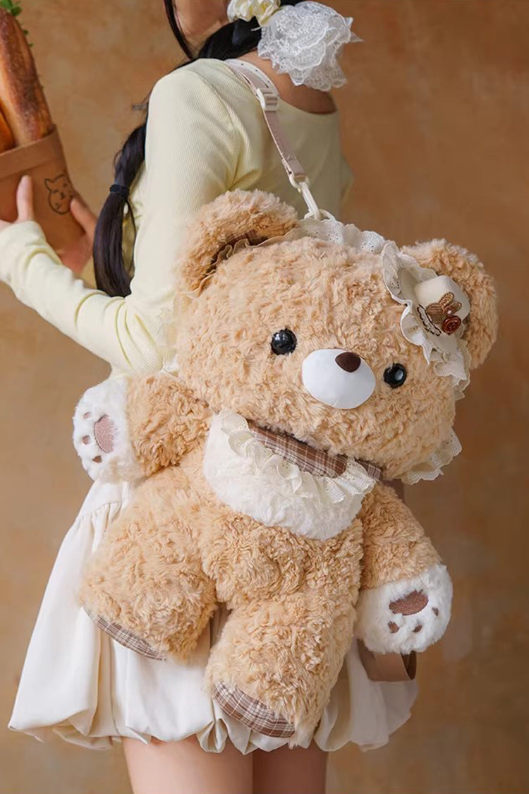 Brown [Little Bear Guli] Ruffled Plush Toy Sweet Lolita Backpack - Product - 4