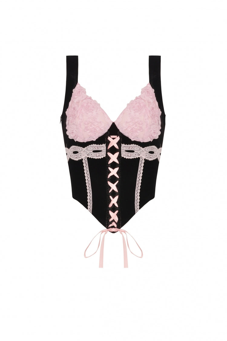 Black/Pink Lace Splice Velvet Lace-Up Women's Grunge Bustier - Product - 3