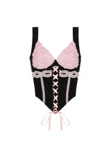 Black/Pink Lace Splice Velvet Lace-Up Women's Grunge Bustier - Product - 3