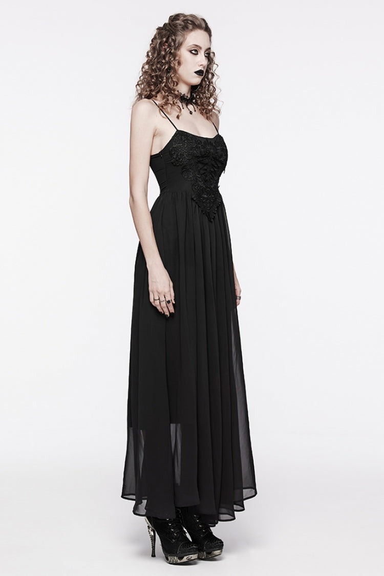 Black Floral Embroidery Lace-Up Women's Gothic Slip Dress - Product - 2