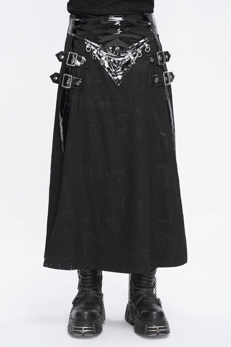 Black Patent Leather Splice Split Men's Punk Skirt - Black - 1