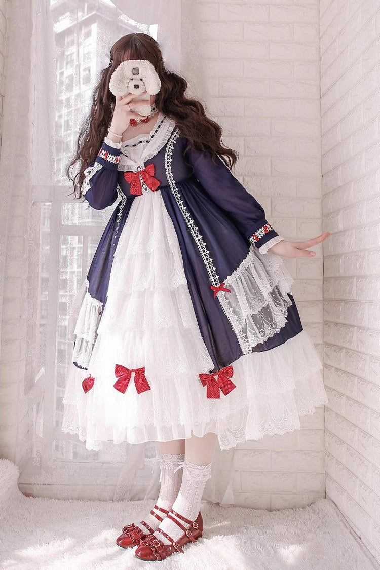 White/Blue Long Sleeves Multi-layer Ruffle Hanayome Cardigan Bowknot Sweet Princess Lolita Dress - Product - 3