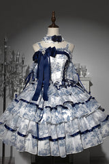 Blue/White Sleeveless Multi-Layered Print Bowknot Fishbone Sweet Classic Chinese Style Lolita Jsk Long Dress - Product - 3