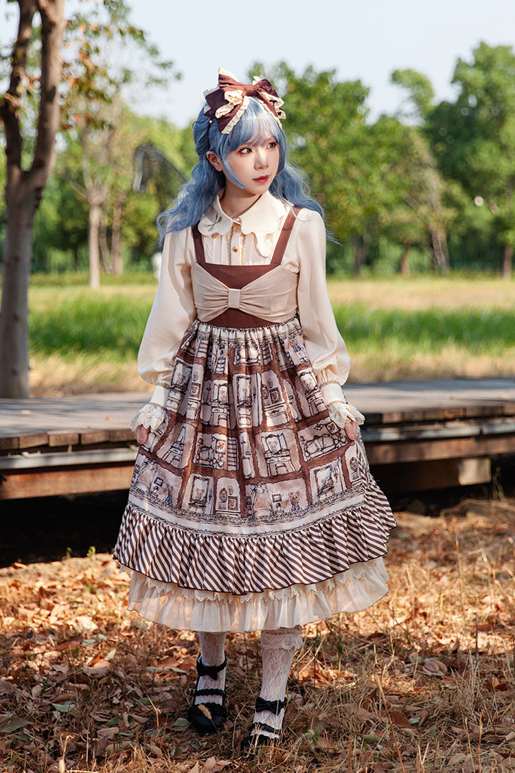 Brown [Underground Bear] Print Ruffle Bowknot Sweet Lolita Dress - Product - 7