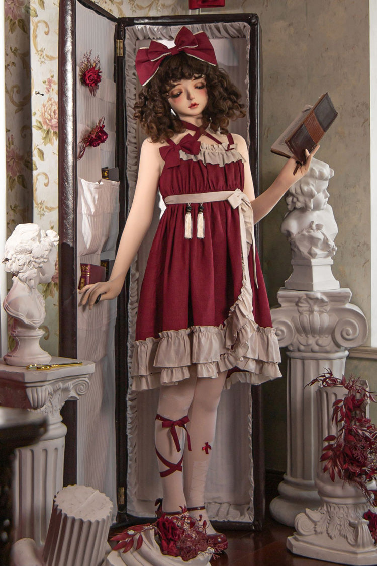 Red [Monet Estate] Sleeveless High Waisted Ruffle Bowknot Asymmetric Gothic Lolita Jsk Dress - Product - 13