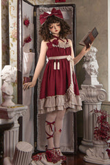 Red [Monet Estate] Sleeveless High Waisted Ruffle Bowknot Asymmetric Gothic Lolita Jsk Dress - Product - 13