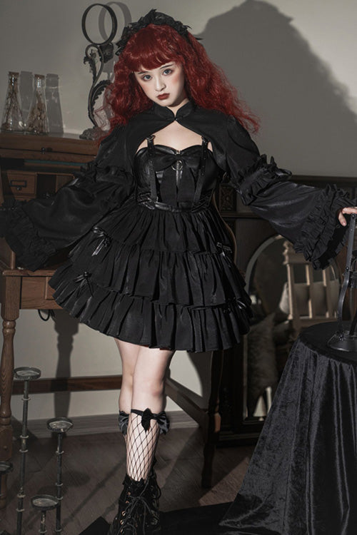 Dawn and Dusk Black Bowknot Ruffled Gothic Lolita JSK Tiered Dress - Product - 2