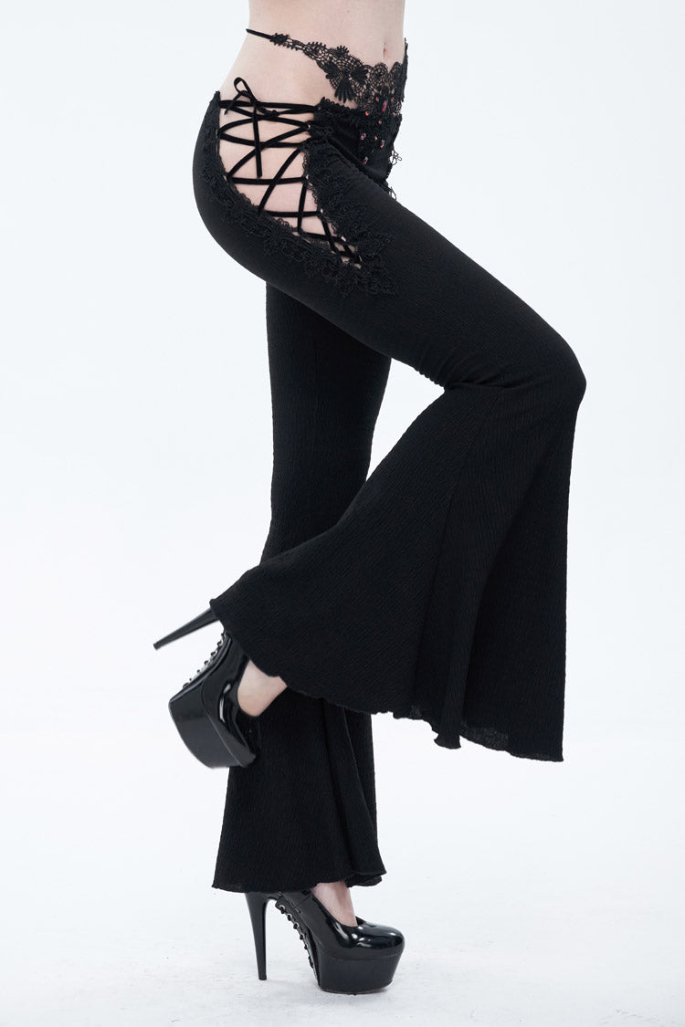Black Low-Rise Lace Gem-Embellished Bilateral Lace-Up Cutout Flared Women's Gothic Pants - Product - 3