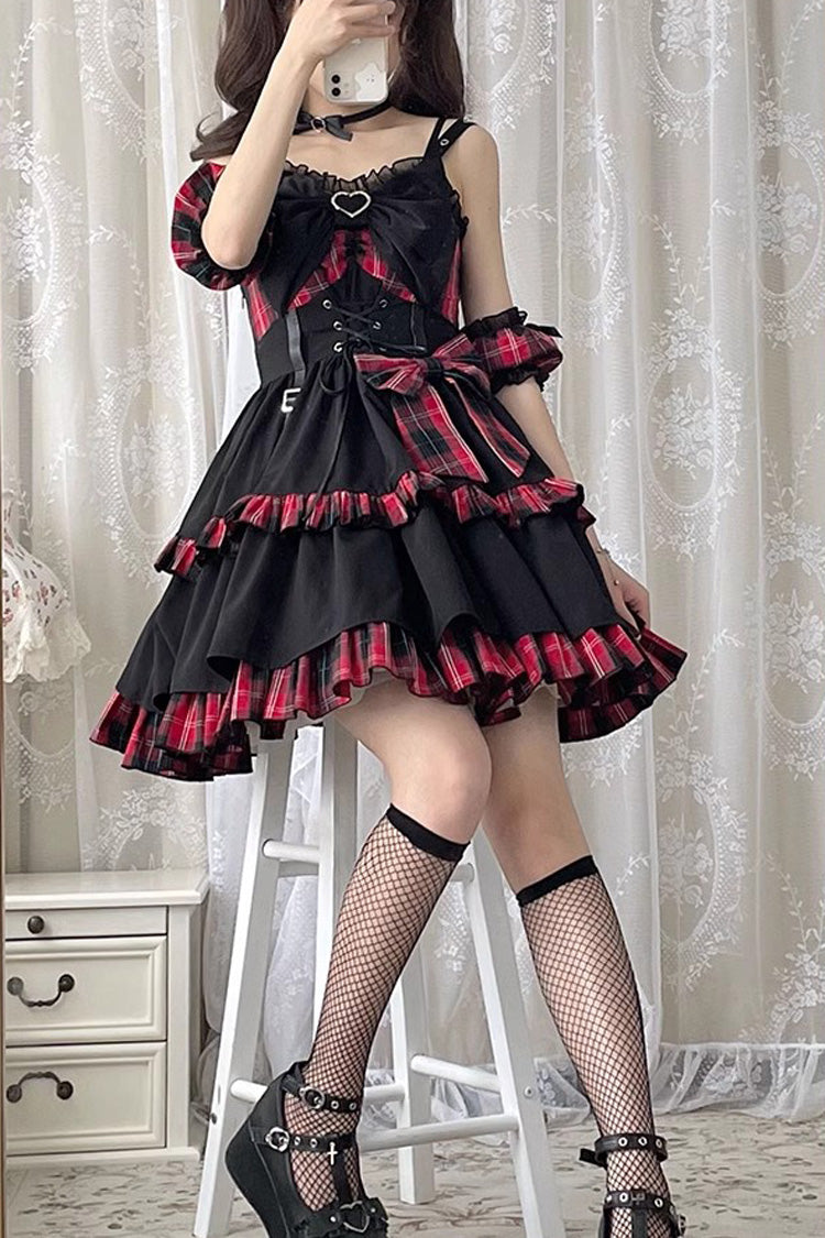 Black/Red Plaid Print Color Contrast Leather Buckle Bowknot Ruffle Gothic Lolita JSK Dress - Product - 6
