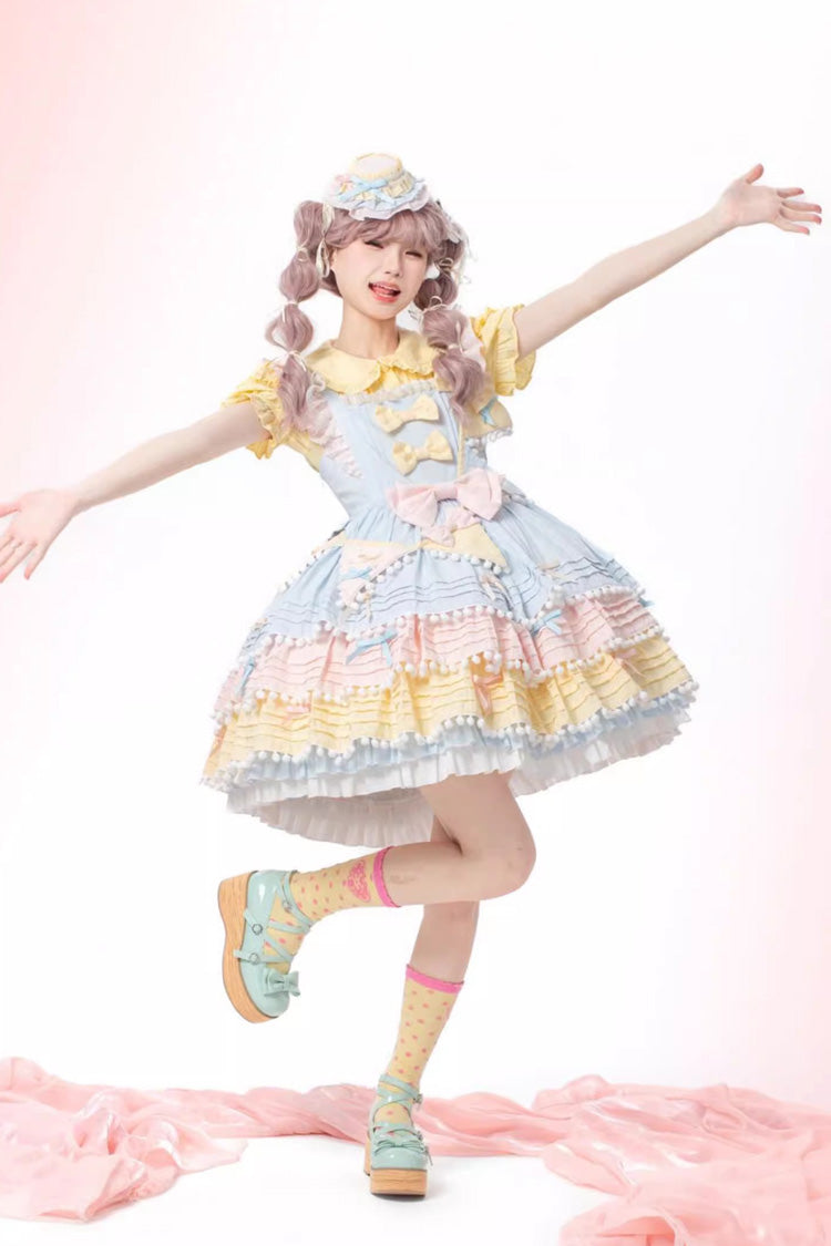 Blue/Pink/Yellow Sweetheart Macaron Ice Cream Multi-Layered Ruffle Bowknot Sweet Lolita Dress - Product - 5