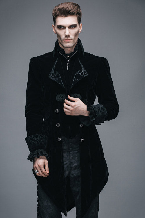 Black Embroidered Collar Long Sleeves Mens Velveteen Tuxedo Gothic Coat - Product - 2