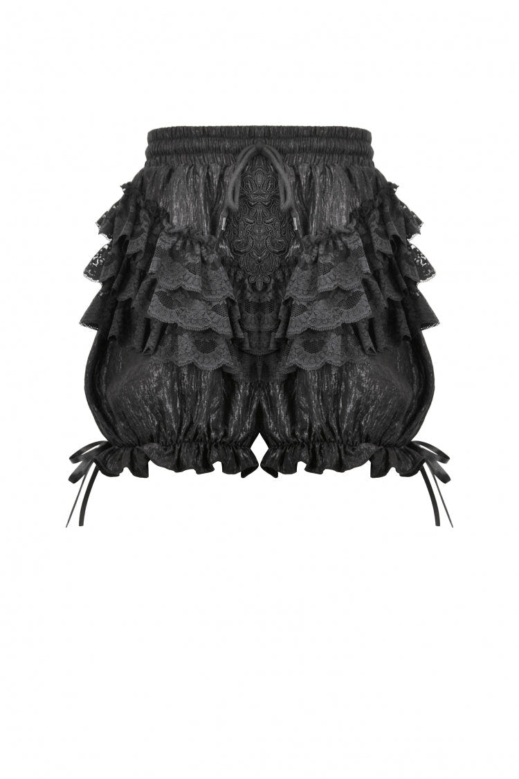 Black Women's Lolita Gothic Embroidered Flower Multilayered Lace Trim Lantern Shorts - Product - 3
