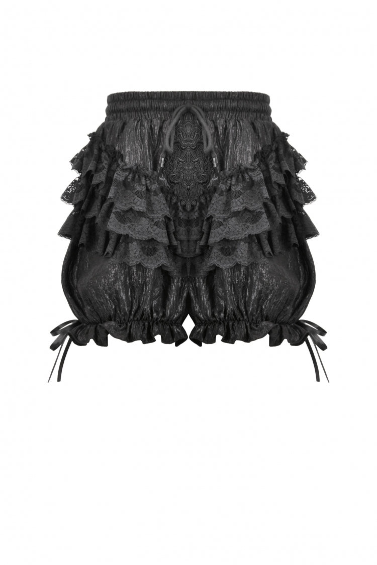 Black Women's Lolita Gothic Embroidered Flower Multilayered Lace Trim Lantern Shorts - Product - 3