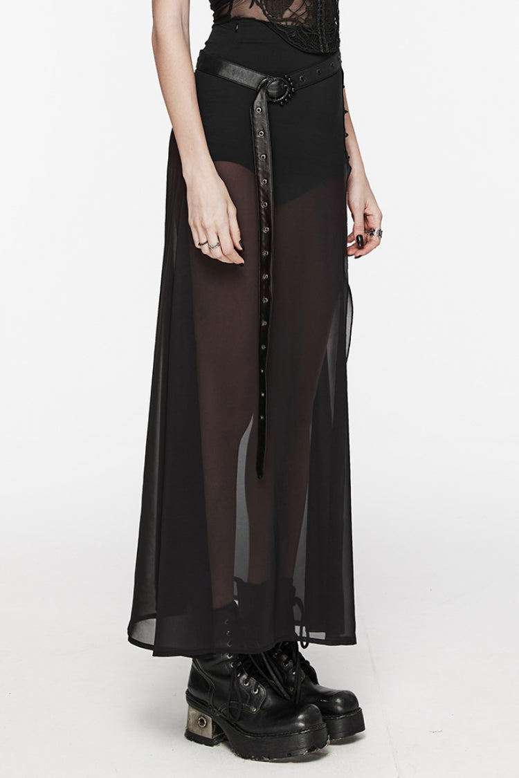 Black Rivet Split Women's Gothic Skirt with Belt - Product - 2