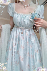 Green [Spring of Nai] Square Collar Short Sleeves Print Pearl Sweet Elegant Lolita Dress - Product - 7