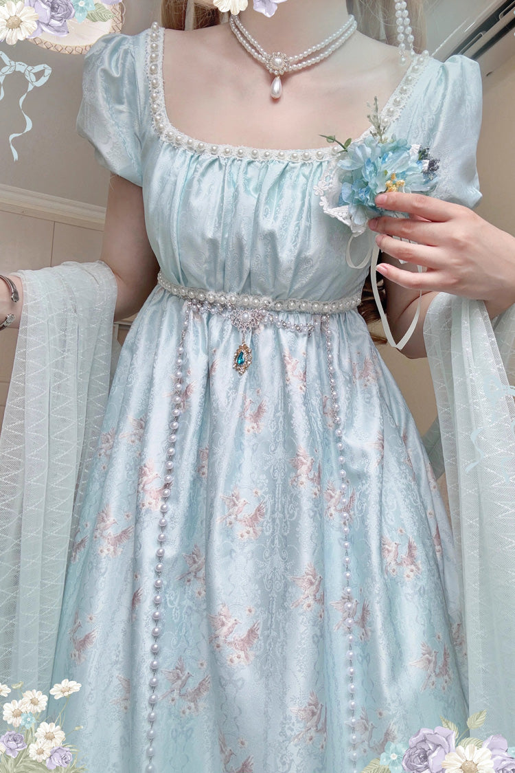 Green [Spring of Nai] Square Collar Short Sleeves Print Pearl Sweet Elegant Lolita Dress - Product - 7