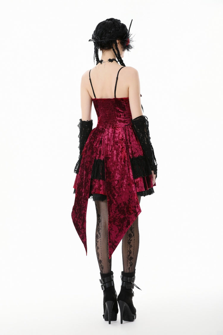 Wine Red Corset Lace-Up Velvet Irregular Pointed Tail Women's Lolita Gothic Cami Mini Dress - Product - 4