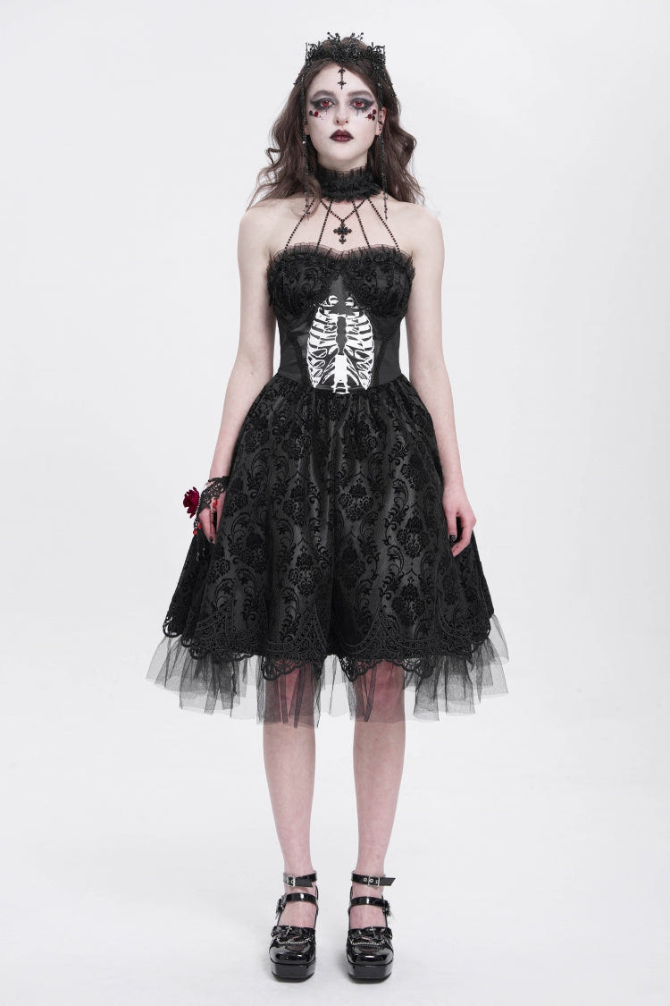 Black Halterneck Skeleton Print Embroidery Stitching Lace Women's Gothic Dress - Product - 5