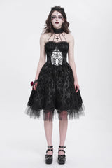 Black Halterneck Skeleton Print Embroidery Stitching Lace Women's Gothic Dress - Product - 5