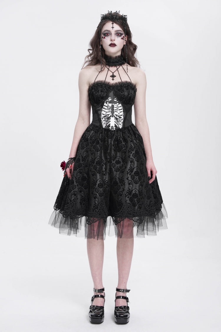 Black Halterneck Skeleton Print Embroidery Stitching Lace Women's Gothic Dress - Product - 5